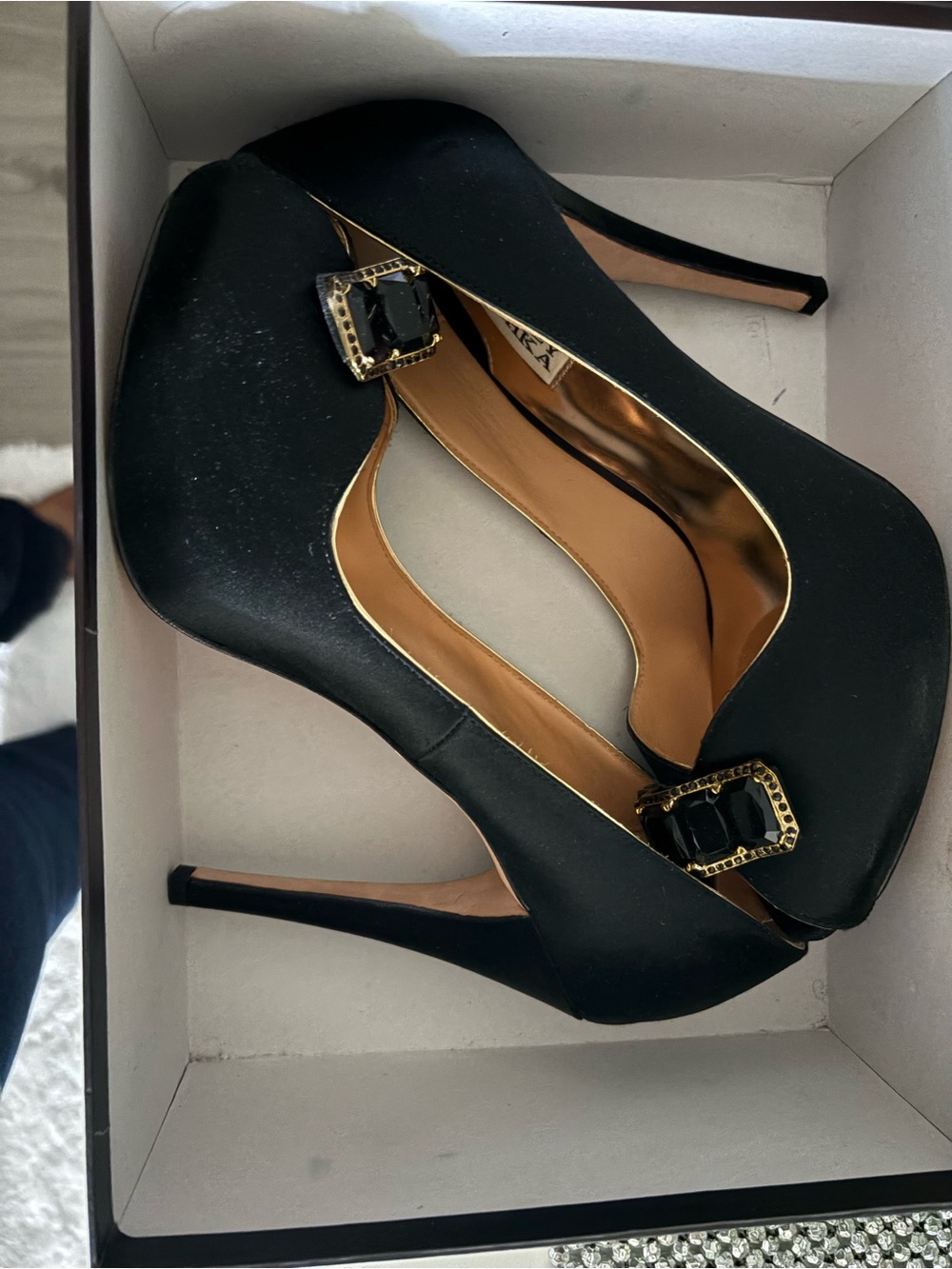 Badgley Mischka Black Satin Pumps with Gold Buckle Accent